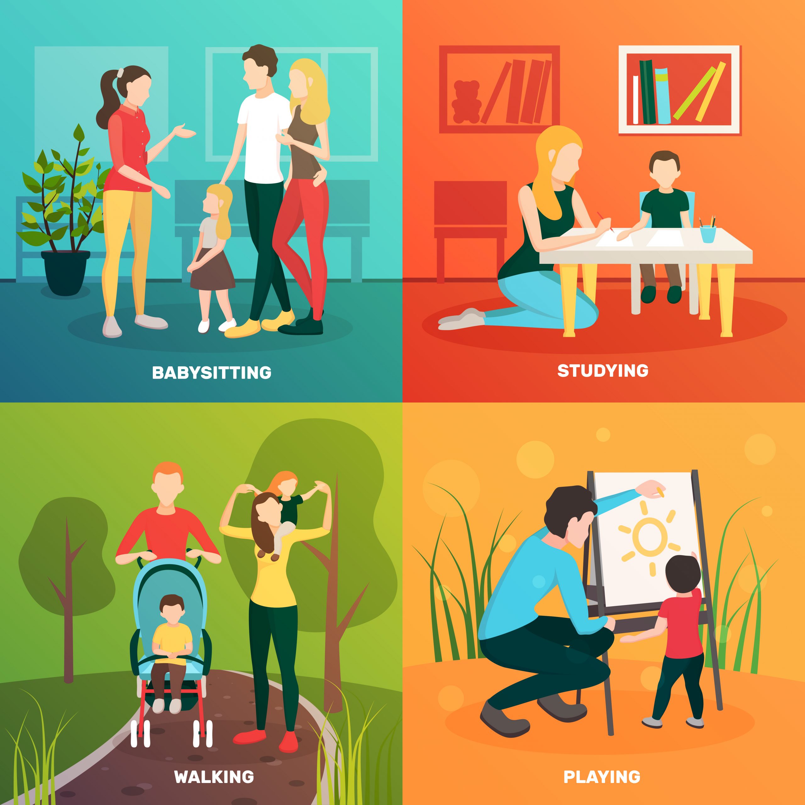 Babysitters people flat 2x2 design concept with colorful compositions of parents children and tender human characters vector illustration